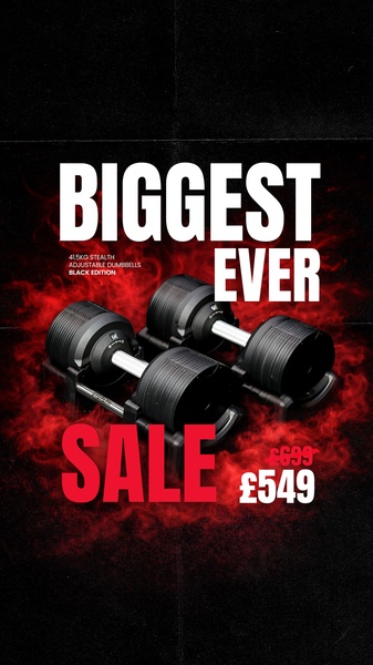 A high-impact 9:16 vertical sale creative featuring adjustable dumbbells centered against a dramatic red smoke background.